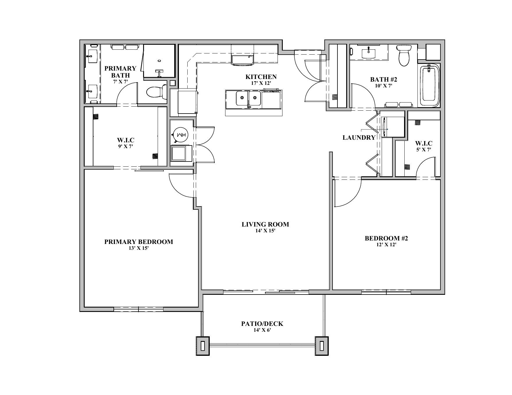 Two bedroom two bathroom apartment floor plan